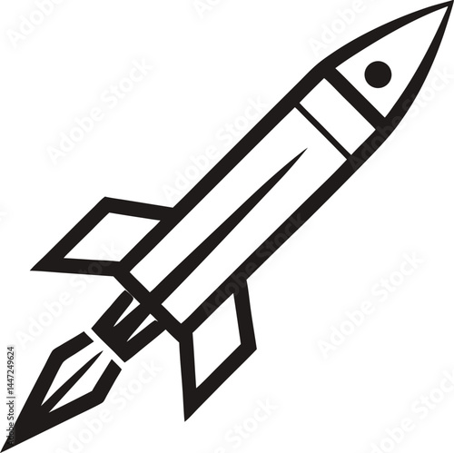 Missile in dynamic flight expressed in continuous line art style with fluid motion and minimal curves ideal for war defense aerospace and weaponry design collections
