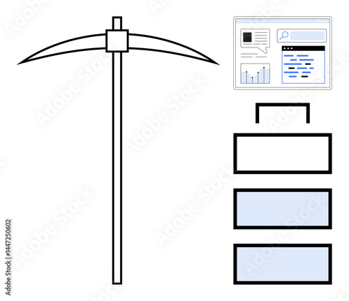 Pickaxe beside data visualization interface and a hierarchical structure. Ideal for data mining, blockchain, technology, resource extraction, innovation, database management, simple landing page