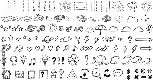 Сollection of various black doodle elements, manga-style illustration pictogram icon set. EPS 10 version.