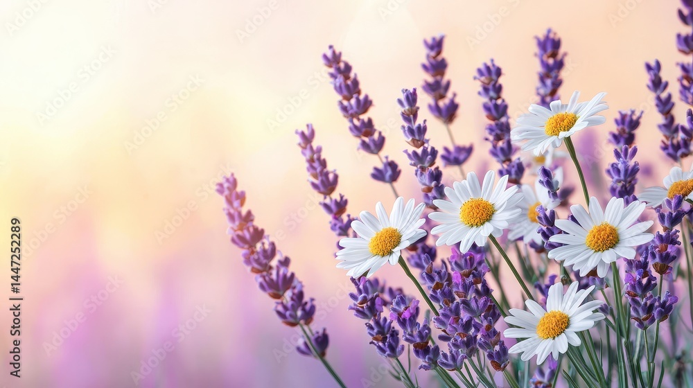 Naklejka premium Beautiful Arrangement of Lavender and White Daisy Flowers with Soft Pastel Background in Nature