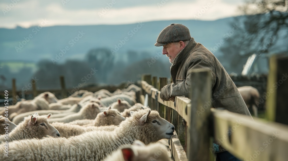 Naklejka premium Shepherd Overseeing Flock in Rural Pasture