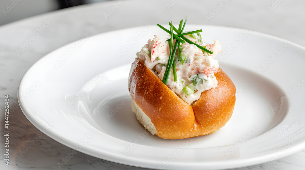 Fresh Maine Lobster Meat Tossed Lightly in Mayo Served in a Soft Bun with Chives on Top Fresh Maine Lobster Meat Tossed Lightly in Mayo Served in a Soft Bun with Chives on Top