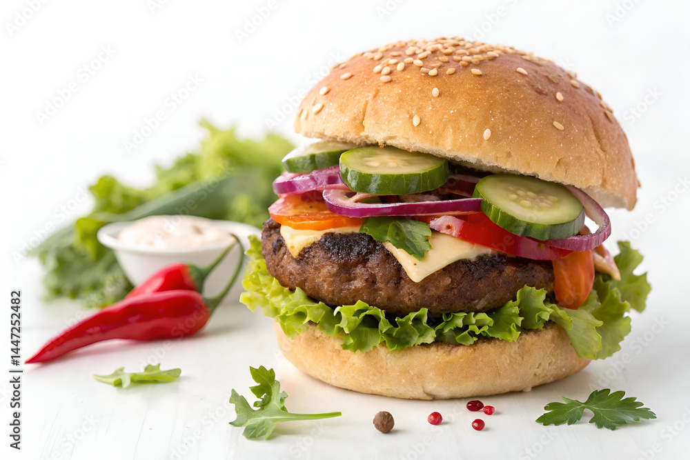 Free Clipping Path Image of Beef Patty Burger with Fresh Vegetables and Lettuce – Isolated on White Background Free Clipping Path Image of Beef Patty Burger with Fresh Vegetables and Lettuce – Isolated on White Background