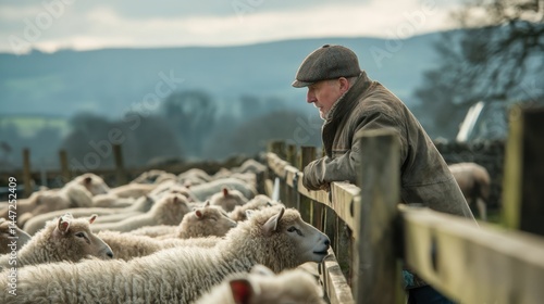 Shepherd Overseeing Flock in Rural Pasture