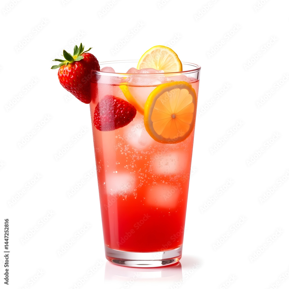 Chilled strawberry lemonade in a clear glass with ice cubes, fresh strawberries and lemon slices floating, droplets on the glass surface, Chilled strawberry lemonade in a clear glass with ice cubes, fresh strawberries and lemon slices floating, droplets on the glass surface,
