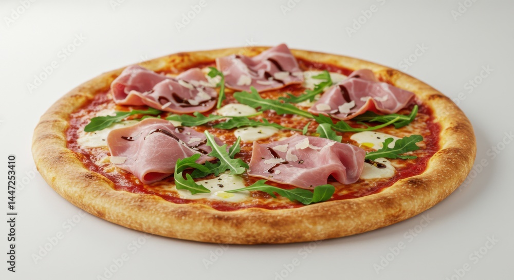 A delicious pizza topped with ham mozzarella and arugula on a clean white background in a studio shot A delicious pizza topped with ham mozzarella and arugula on a clean white background in a studio shot