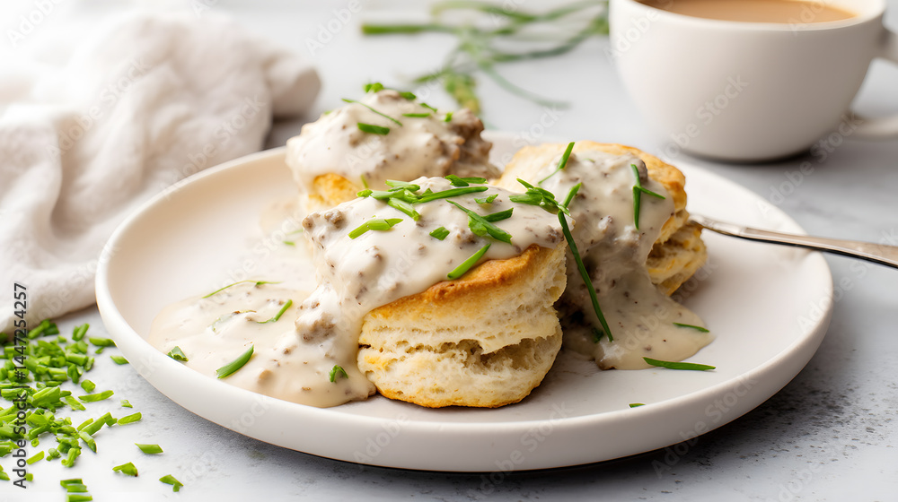 Flaky Golden Biscuits Generously Topped with Creamy Sausage Gravy and Fresh Chives Served with Coffee Flaky Golden Biscuits Generously Topped with Creamy Sausage Gravy and Fresh Chives Served with Coffee