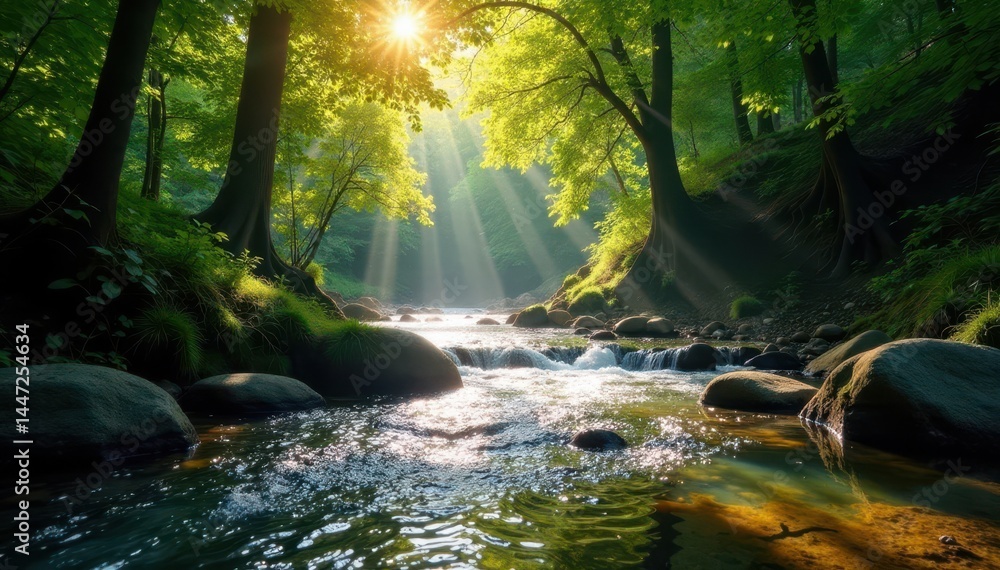 Sunlight dappling through canopy, illuminates rushing stream bed , image, background, scenery Sunlight dappling through canopy, illuminates rushing stream bed , image, background, scenery