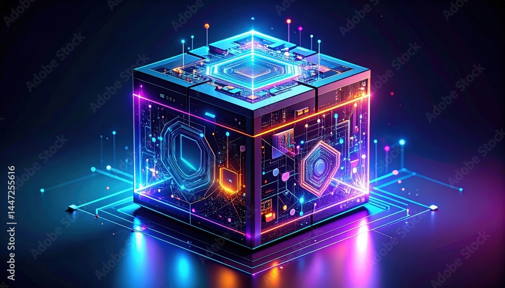Fototapeta premium A futuristic computer cube adorned with vibrant neon lights, showcasing intricate electronic circuits that glow, creating a mesmerizing tech-inspired ambiance.