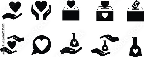 Charity and donation icon set. Pixel perfect. They includes Charitable Donation, Care, Helping Hand, Heart Shape, Donation Box, Fundraising, Pictograms and infographics. with transparent background