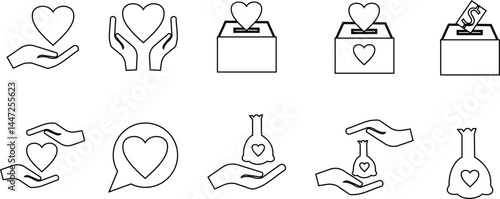 Charity and donation icon set. Pixel perfect. They includes Charitable Donation, Care, Helping Hand, Heart Shape, Donation Box, Fundraising, Pictograms and infographics. with transparent background