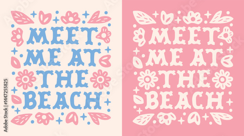 Meet me at the beach coastal cowgirl East coast floral pink blue girly country girl summer aesthetic quotes lettering. Preppy coquette retro vintage flowers cute wall art print sticker poster card.