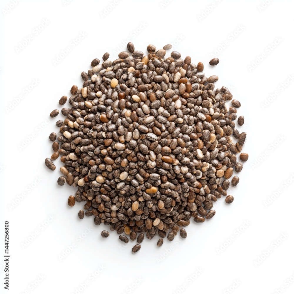 A close-up, overhead shot shows scattered chia seedsisolated on white background. A close-up, overhead shot shows scattered chia seedsisolated on white background.