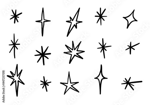 Hand Drawn Twinkle And Sparkle Icon. A bright collection of 15 hand drawn twinkle and sparkle icons in various forms including stars bursts curves point and more. Perfect for decorative design element