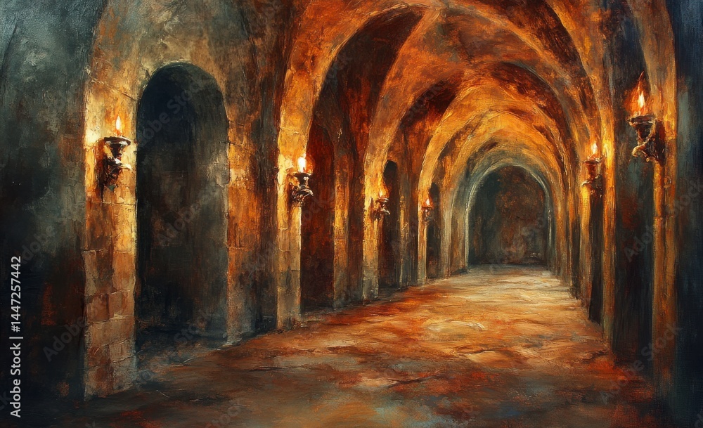 Fototapeta premium Mysterious Stone Corridor with Flickering Candlelight