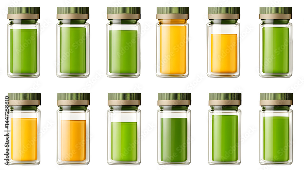 Realistic Illustration Transparent Bottles Set Green Yellow Isolated Background Realistic Illustration Transparent Bottles Set Green Yellow Isolated Background