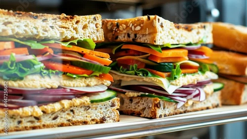 Delicious layered sandwich filled with fresh vegetables and cheese, perfect for a nutritious meal or snack.