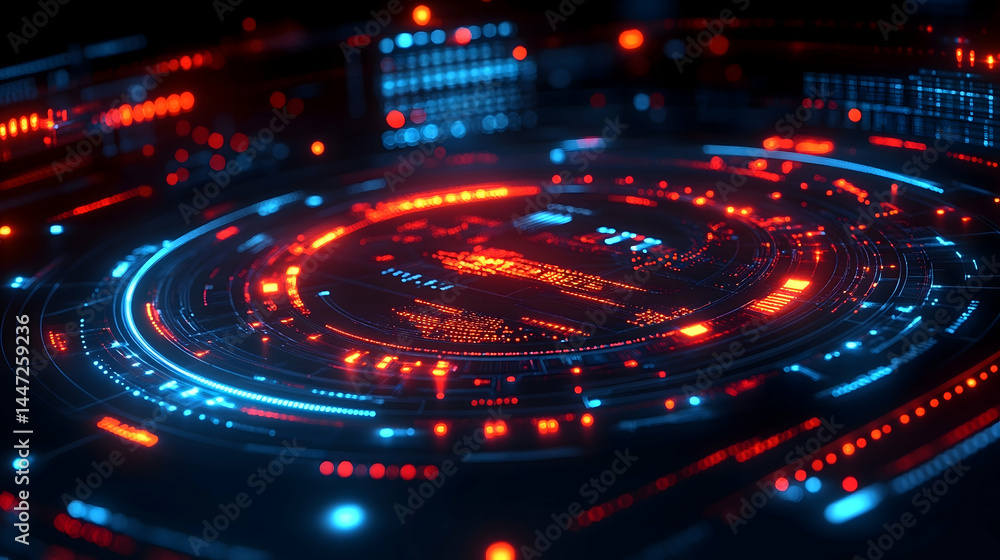 Glowing circular interface with red and blue lights intricate circuitry and data streams Futuristic technology concep Glowing circular interface with red and blue lights intricate circuitry and data streams Futuristic technology concep