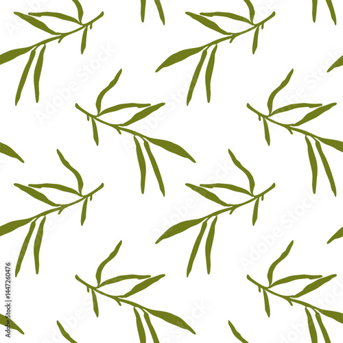 seamless background with green with hand drawn olive branches