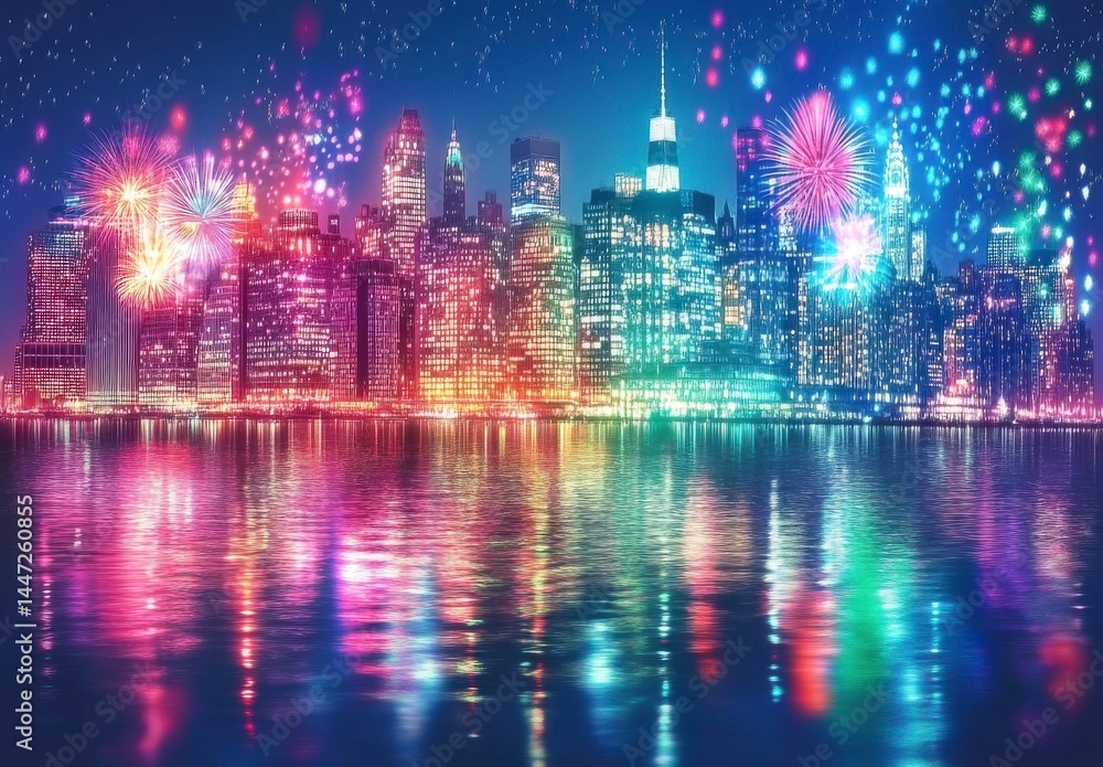 Fototapeta premium Night Cityscape with Vibrant Fireworks Display and Water Reflection