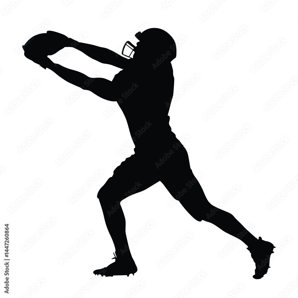 Silhouette of an American football player in helmet catching a ball mid-air, isolated on white background, dynamic sports action pose illustration
Silhouette of an American football player in helmet catching a ball mid-air, isolated on white background, dynamic sports action pose illustration