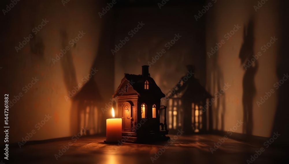 Naklejka premium Lone candle casts dancing shadows, creating a haunted house atmosphere , dark, light, thriller