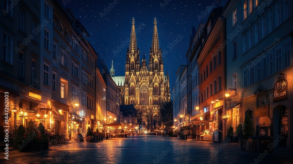 Fototapeta premium A towering Gothic cathedral illuminated by moonlight, casting long shadows across cobblestone streets. -