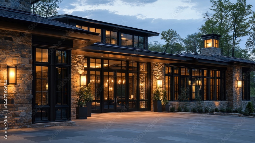 Fototapeta premium Luxurious stone house glowing warmly at twilight