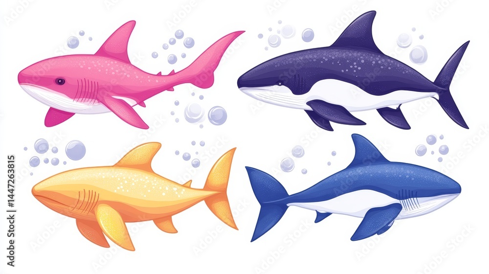 Pixelated shark group colored in yellow blue pink and purple playful ocean life concept pixel art sharks family underwater marine biodiversity graphic Pixelated shark group colored in yellow blue pink and purple playful ocean life concept pixel art sharks family underwater marine biodiversity graphic