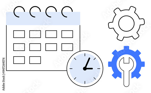Calendar with clock symbolizes planning and time management, paired with gears for optimization and teamwork. Ideal for scheduling, productivity, workflow, project planning, task management
