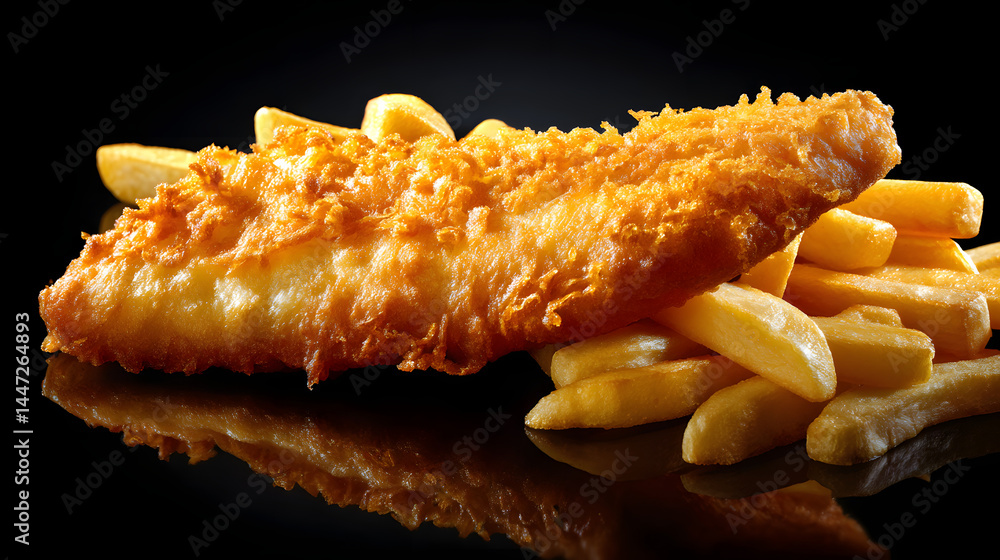 Crispy Isolated Fish Fillet with Golden Chips on Dark Background Crispy Isolated Fish Fillet with Golden Chips on Dark Background