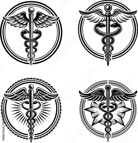Medical symbol  caduceus  wings  black and white  graphic design 
