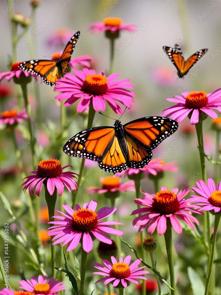 Fototapeta premium Monarch butterflies flit among vibrant wildflowers