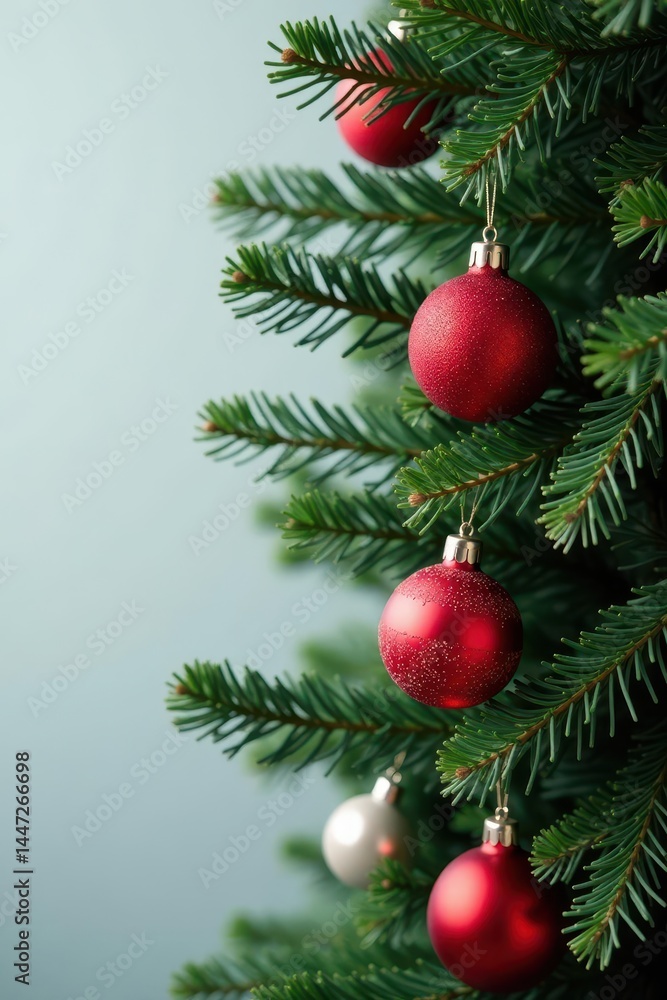 Dark green fir branch adorned with red & white ornaments , glitter, ornaments Dark green fir branch adorned with red & white ornaments , glitter, ornaments