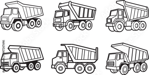 set of articulated dump truck machine line art, black outline, vector and illustration, coloring book page line art drawing