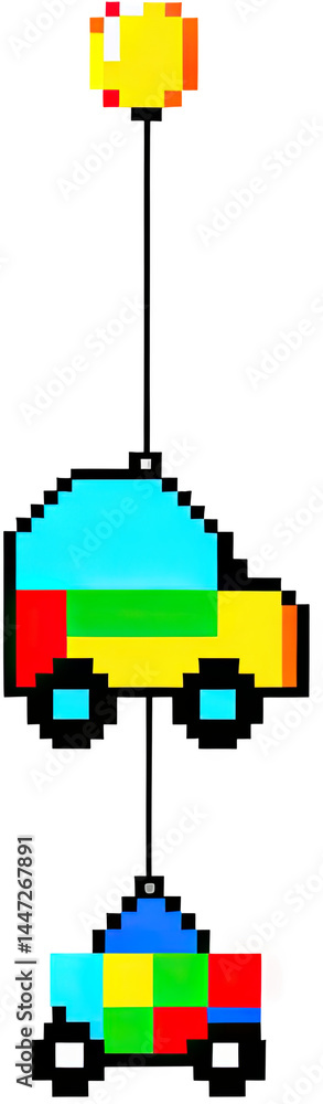 Colorful pixelated cars are stacked, floating against a black background in digital art style. Colorful pixelated cars are stacked, floating against a black background in digital art style.