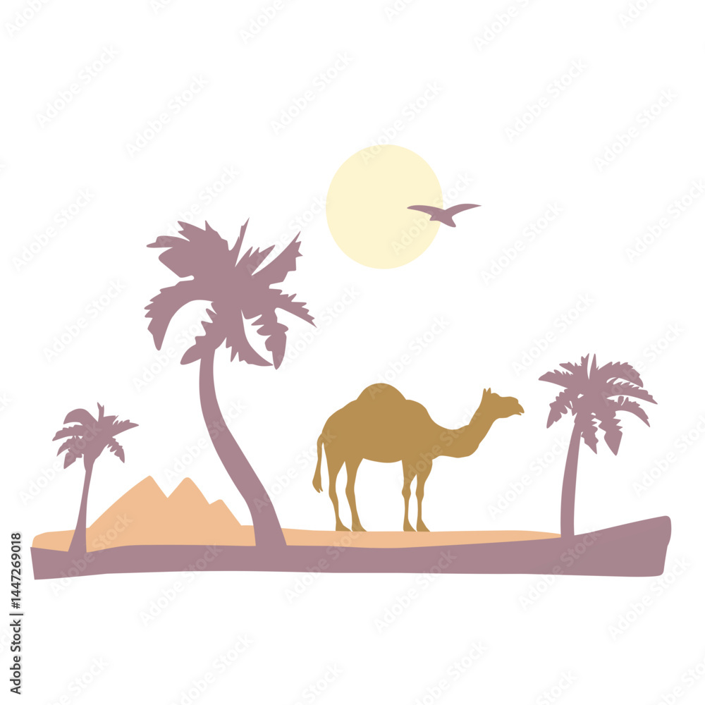 Naklejka premium Landscape illustration of camels silhouette in the sand desert