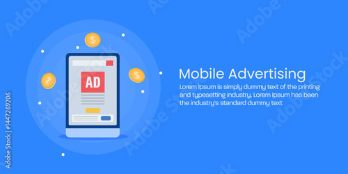 Mobile advertising campaign, PPC ads or paid social media marketing post display on smartphone, target ads for online business.