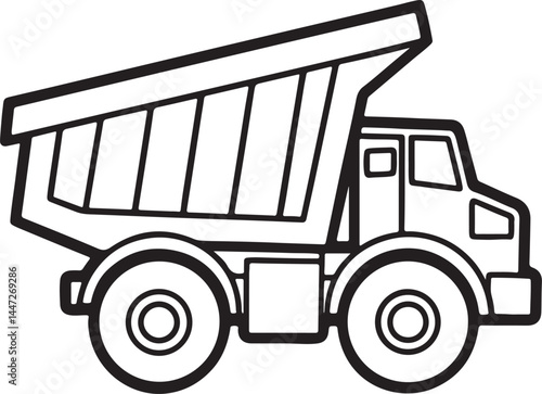 articulated dump truck machine line art, black outline, vector and illustration, coloring book page line art drawing