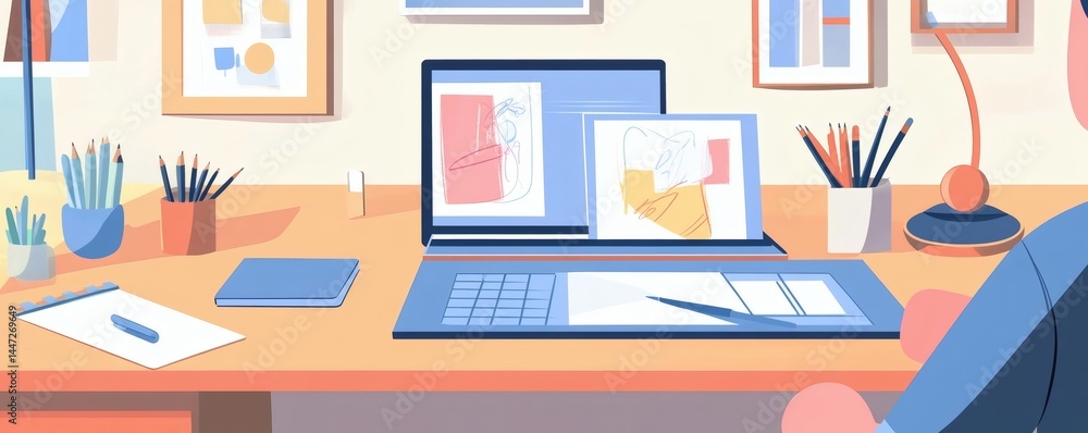 Fototapeta premium A digital artist works at their desk with creative designs displayed