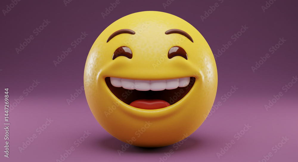 Fototapeta premium Laughing Emoji with Wide Smile on a Violet Background Illustration