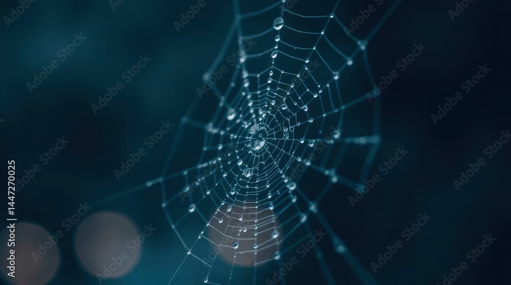 A close-up of a dew-kissed spiderweb glistens, embodying resilience and intricate natural design. A close-up of a dew-kissed spiderweb glistens, embodying resilience and intricate natural design.