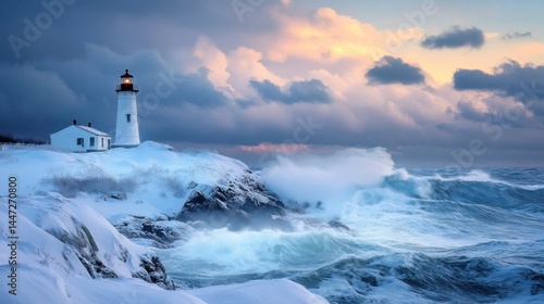 Lighthouse in Winter Storm: A Dramatic Seascape