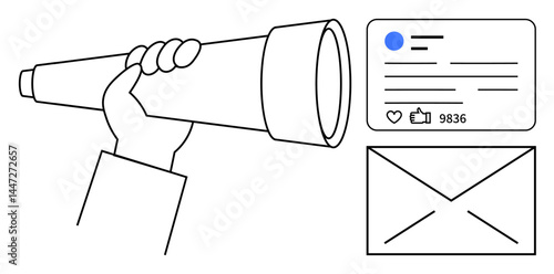 Hand holding telescope seeking opportunities, social media notification with thumbs ups and message envelope. Ideal for exploration, communication, strategy, marketing, innovation, social media