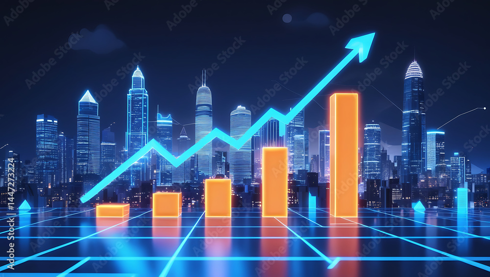 Digital Stock Chart with Rising Bar Graph in City Background Digital Stock Chart with Rising Bar Graph in City Background