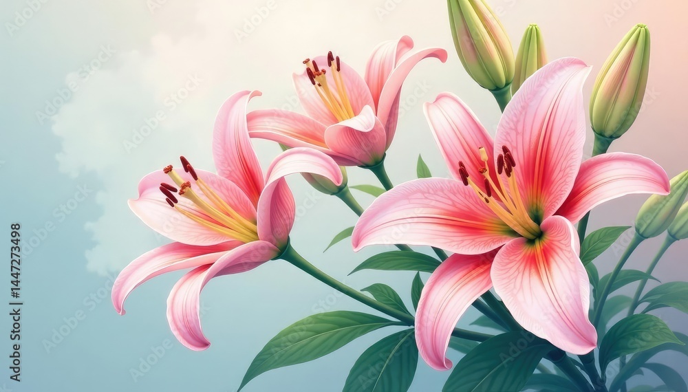 Delicate watercolor-style lilies, soft pastel shades, overlapping blooms , design, pattern Delicate watercolor-style lilies, soft pastel shades, overlapping blooms , design, pattern