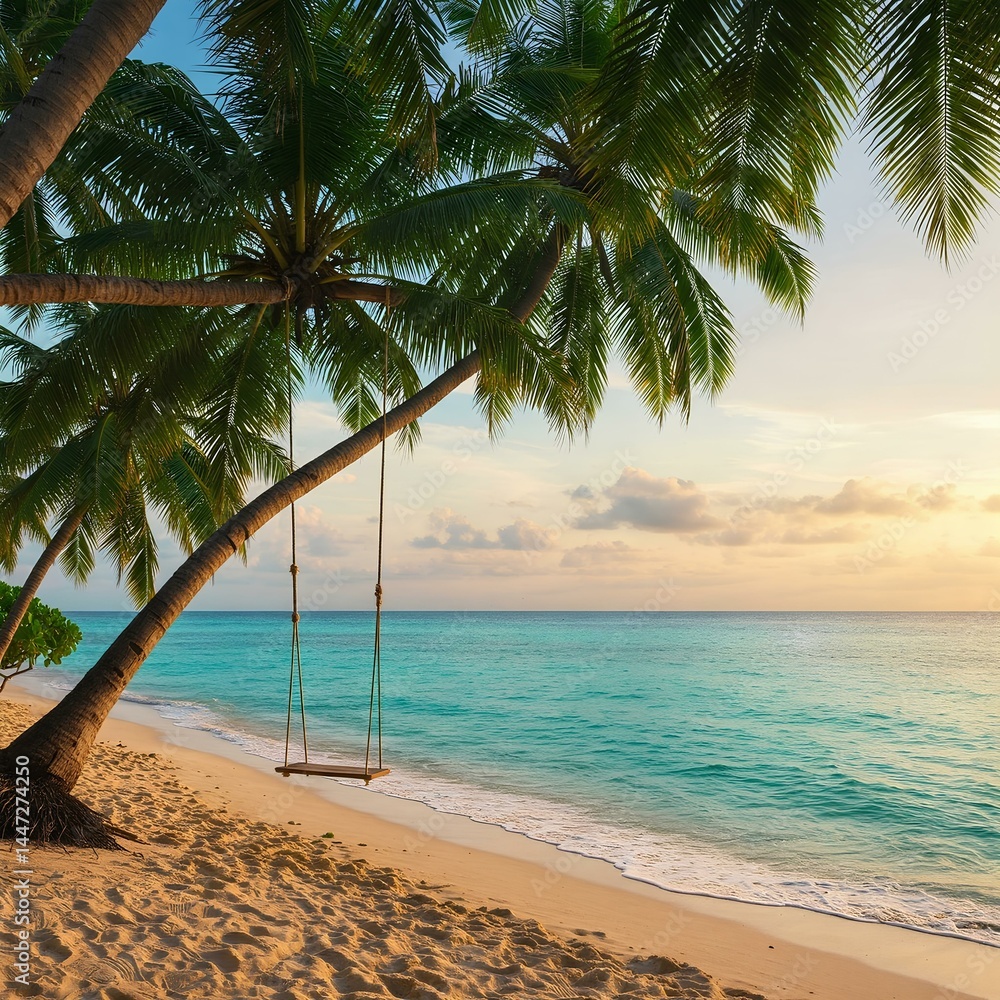 Obraz premium Beautiful tropical island beach with coconut palm trees and swing