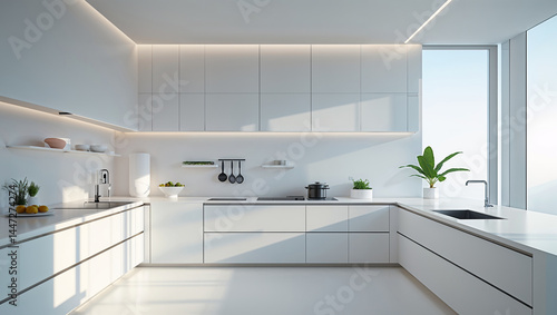 Minimalist all white modern kitchen interior design with natural light