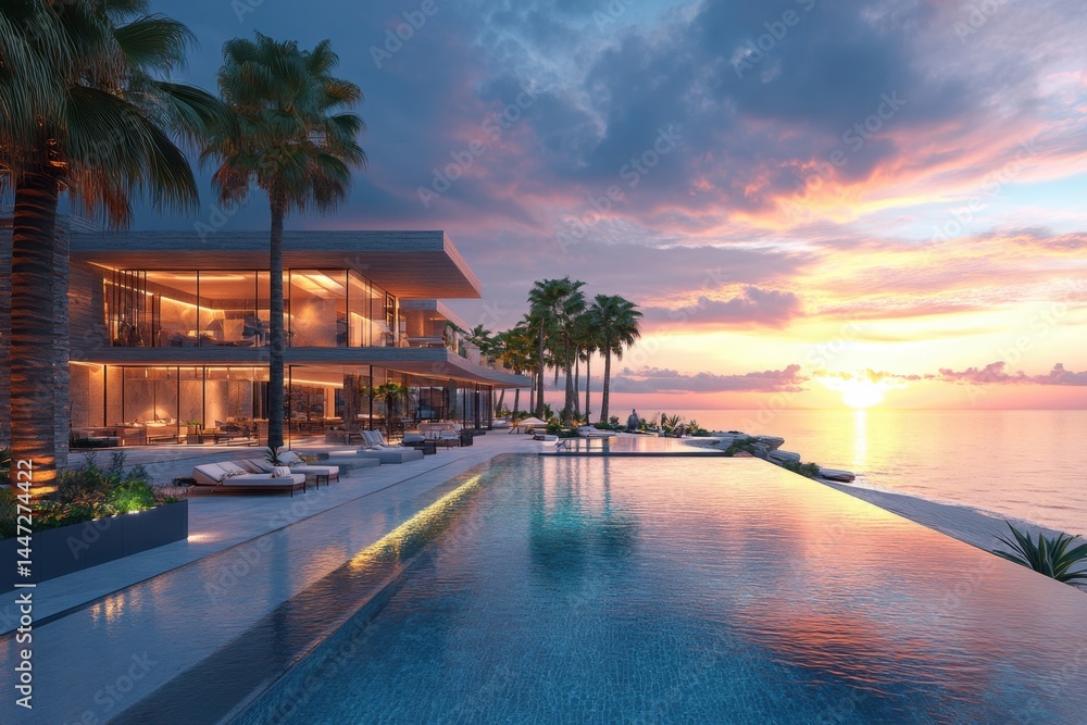 Fototapeta premium Luxurious beachfront villa at sunset with an infinity pool and tropical palm trees