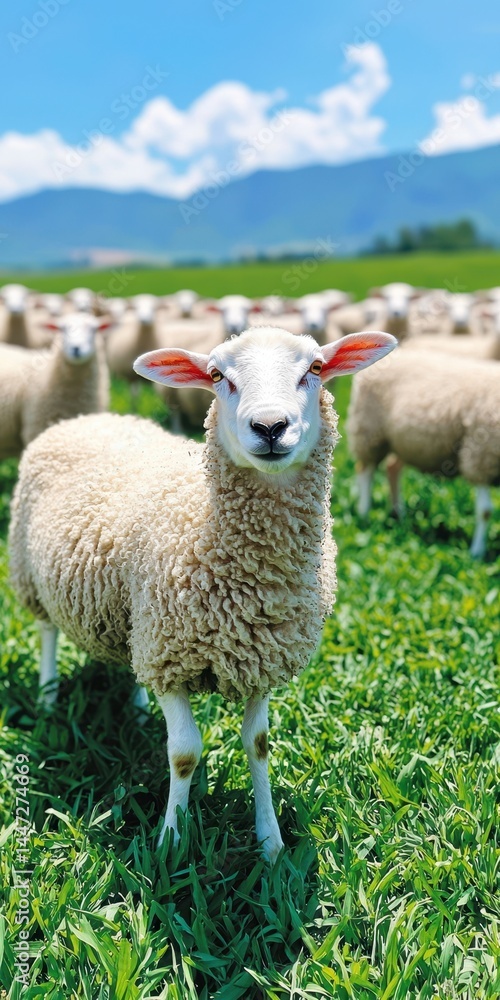 Fototapeta premium A flock of sheep grazes on green grass under a bright blue sky with mountains in the background.